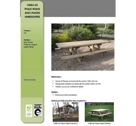 Table pique-nique bois PMR (accès fauteuil roulant)