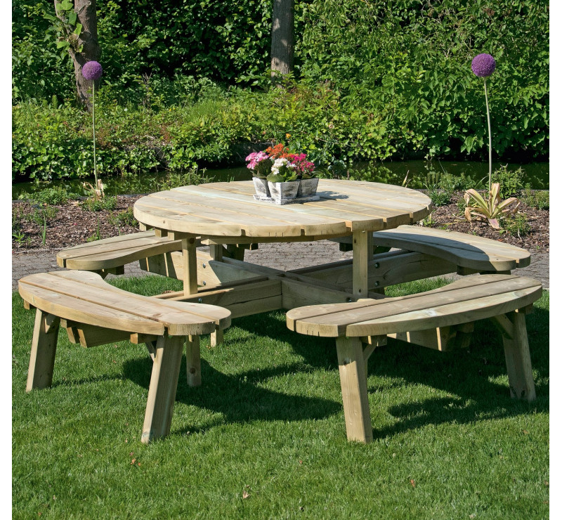 Table de pique-nique ronde en bois 8 personnes, Table de pique-nique ronde 8 personnes, Table pique nique ronde