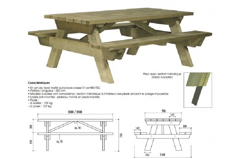 Table pique-nique bois ADULTE avec système antivol